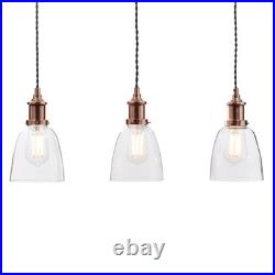 Litecraft Ceiling Pendant Bar Industrial Glass Shaded 3 Light Copper, Clear