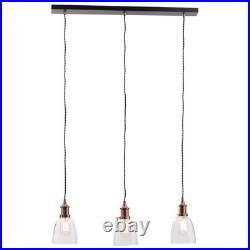 Litecraft Ceiling Pendant Bar Industrial Glass Shaded 3 Light Copper, Clear