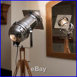 Long Polished Stage Spotlight & Wooden Tripod, Industrial Chic Floor Lamp