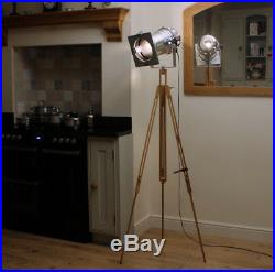 Long Polished Stage Spotlight & Wooden Tripod, Industrial Chic Floor Lamp