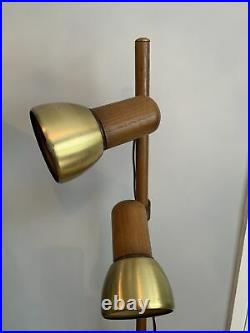 Mid Century Spot Light Floor Lamp Oak & Brushed Brass