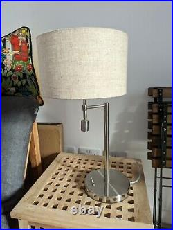 Modern Contemporary Chrome Steel & Beige Linen Bedside Lamp with spotlight