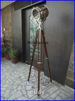 NAUTICAL REPRODUCTION SPOT SEARCH LIGHT SPOTLIGHT WithFLOOR WOODEN TRIPOD STAND