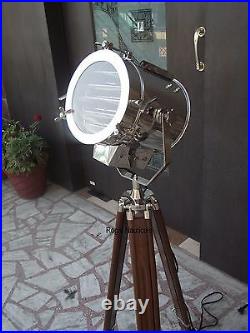 NAUTICAL REPRODUCTION SPOT SEARCH LIGHT SPOTLIGHT WithFLOOR WOODEN TRIPOD STAND