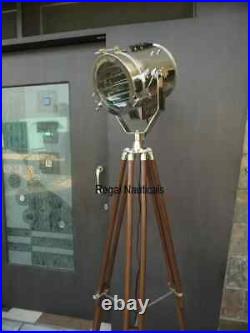 NAUTICAL REPRODUCTION SPOT SEARCH LIGHT SPOTLIGHT WithFLOOR WOODEN TRIPOD STAND