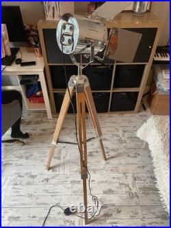 Natural Henley Wood Tripod Floor Lamp with Chrome Studio Spotlight Head
