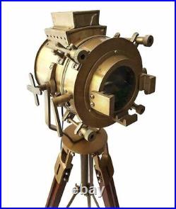 Nautical Antique Finish Brass Spotlight Searchlight Wooden Tripod Floor Lighting