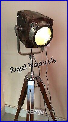 Nautical Chrome Searchlight Spot Light Studio Floor Lamp With Wood Tripod Stand