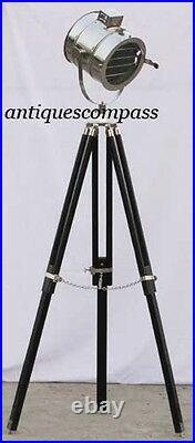 Nautical Chrome Spot Searchlight Tripod Floor Lamp With 3 Leg Black Wooden Stand