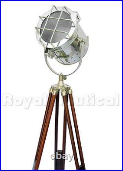 Nautical Designer Wooden Spotlight Floor Lighting Lamp Wooden Tripod Stand