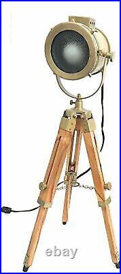 Nautical Floor Lamp Spotlight Wooden Tripod Stand Searchlight Lamp Antique Brass