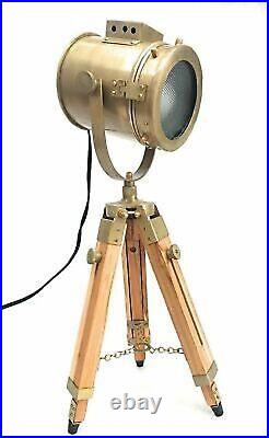 Nautical Floor Lamp Spotlight Wooden Tripod Stand Searchlight Lamp Antique Brass