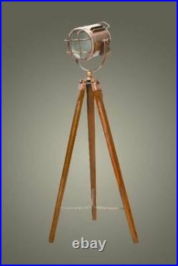 Nautical Floor Lamp With Wooden Tripod Stand Retro Style Copper Antique Light