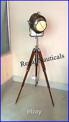 Nautical Marine LED Searchlight Vintage Wood Light Lobby Tripod Floor Lamp Spot