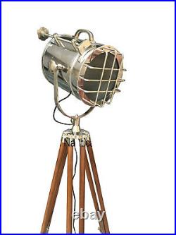 Nautical Marine Tripod Light Hollywood Lamp Wooden Brown Polish Tripod Stand