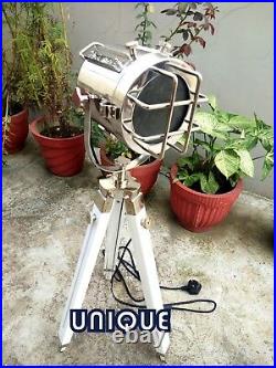 Nautical Searchlight Chrome Floor Lamp WithWooden Tripod Stand Office Decor Item