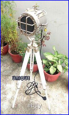 Nautical Searchlight Chrome Floor Lamp WithWooden Tripod Stand Office Decor Item