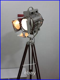 Nautical Searchlight Floor Lamp Theater Spot Light with Wooden Tripod Home Decor