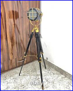 Nautical Spot Light Floor Lamp Adjustable Wooden Tripod Marine Studio Searchligh