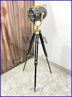 Nautical Spot Light Floor Lamp Adjustable Wooden Tripod Marine Studio Searchligh