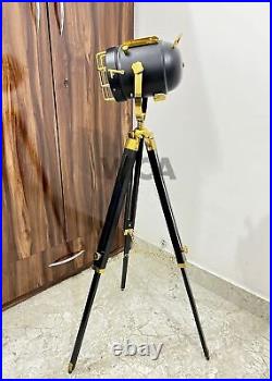Nautical Spot Light Floor Lamp Adjustable Wooden Tripod Marine Studio Searchligh