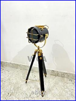 Nautical Spot Light Floor Lamp Adjustable Wooden Tripod Marine Studio Searchligh