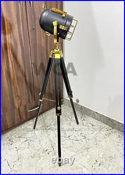Nautical Spot Light Floor Lamp Adjustable Wooden Tripod Marine Studio Searchligh
