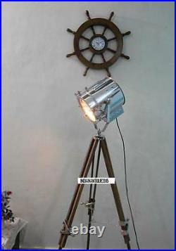 Nautical Spotlight Floor Lamp Theater Search Light brown Wooden Tripod stand