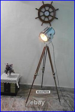 Nautical Spotlight Floor Lamp Theater Search Light brown Wooden Tripod stand