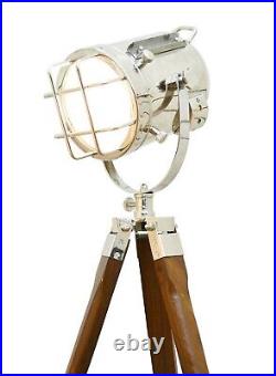 Nautical Spotlight Floor Lamp Wood Tripod Standing Searchlight Living Room Lamp