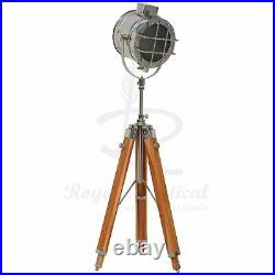 Nautical Spotlight White LED Light Wooden Tripod Floor Lamp Vintage Style UK
