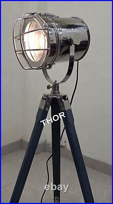 Nautical Vintage Spot Light Floor Lamp Wood Tripod Stand Searchlight Room Lamp