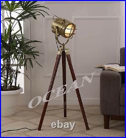 Nautical Wood Tripod Stand With Antique Studio Search Light Tripod Lamp