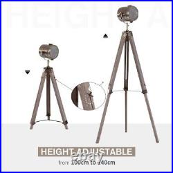 New HOMCOM Industrial Tripod Floor Lamp Wood Height Adjustable Spotlight Bronze