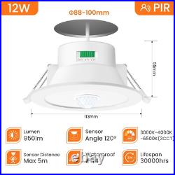 PIR Sensor Motion LED Downlight 12W Night Light Recessed Ceiling Spot Lamp IP44
