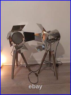 Pair Of Film Tripod Table Lamps Grey Wood and Silver Metal Film Director Lamp