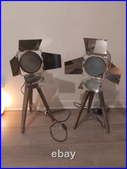 Pair Of Film Tripod Table Lamps Grey Wood and Silver Metal Film Director Lamp