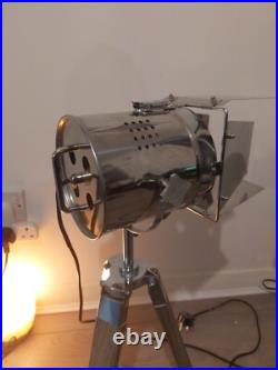 Pair Of Film Tripod Table Lamps Grey Wood and Silver Metal Film Director Lamp