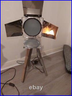 Pair Of Film Tripod Table Lamps Grey Wood and Silver Metal Film Director Lamp