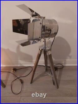 Pair Of Film Tripod Table Lamps Grey Wood and Silver Metal Film Director Lamp