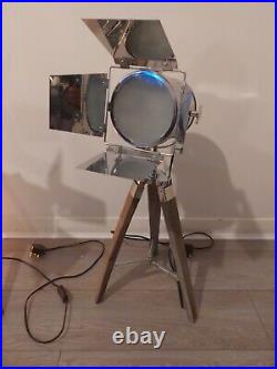 Pair Of Film Tripod Table Lamps Grey Wood and Silver Metal Film Director Lamp