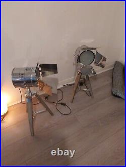Pair Of Film Tripod Table Lamps Grey Wood and Silver Metal Film Director Lamp