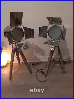 Pair Of Film Tripod Table Lamps Grey Wood and Silver Metal Film Director Lamp