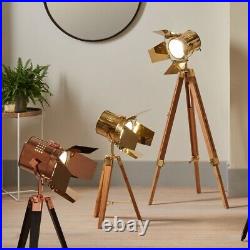 Retro Tripod Floor Lamp Film Director Spot Light Natural Wooden Legs Gold Lamp