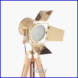 Retro Tripod Floor Lamp Film Director Spot Light Natural Wooden Legs Gold Lamp