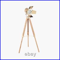 Retro Tripod Floor Lamp Film Director Spot Light Natural Wooden Legs Gold Lamp