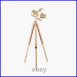 Retro Tripod Floor Lamp Film Director Spot Light Natural Wooden Legs Gold Lamp