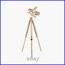 Retro Tripod Floor Lamp Film Director Spot Light Natural Wooden Legs Gold Lamp