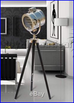 Royal Nautical Chrome Spot Search Light Wooden Tripod Stand Floor LED Lamp Decor