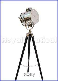 Royal Nautical Chrome Spot Search Light Wooden Tripod Stand Floor LED Lamp Decor